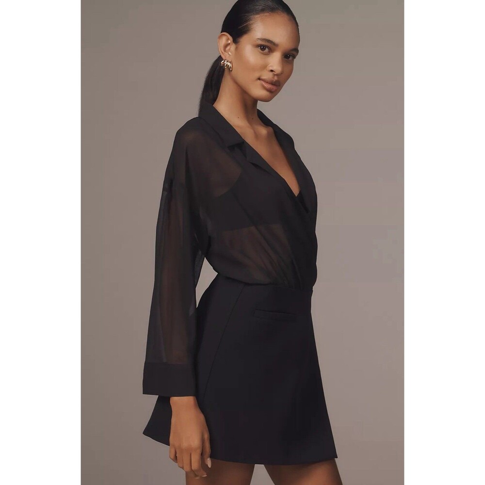 Maeve Long-Sleeve V-Neck Sheer Twofer Mini Dress NWT small